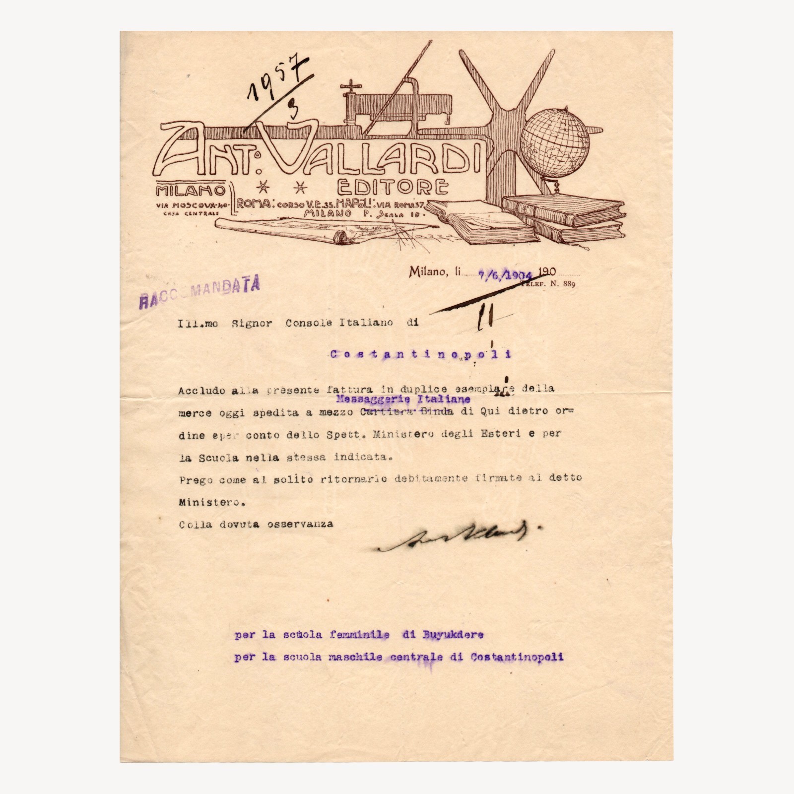 1904 Italian Illustrated Letterhead Vallardi, Antonio | Constantinople Ephemera