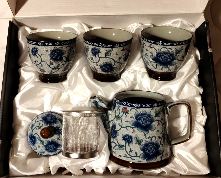 Vintage ELISE Asian Japanese NEW in Box TEAPOT CUP SET Blue Cloisonne Pattern Vintage ELISE Asian Japanese NEW in Box TEAPOT CUP SET Blue Cloisonne Pattern