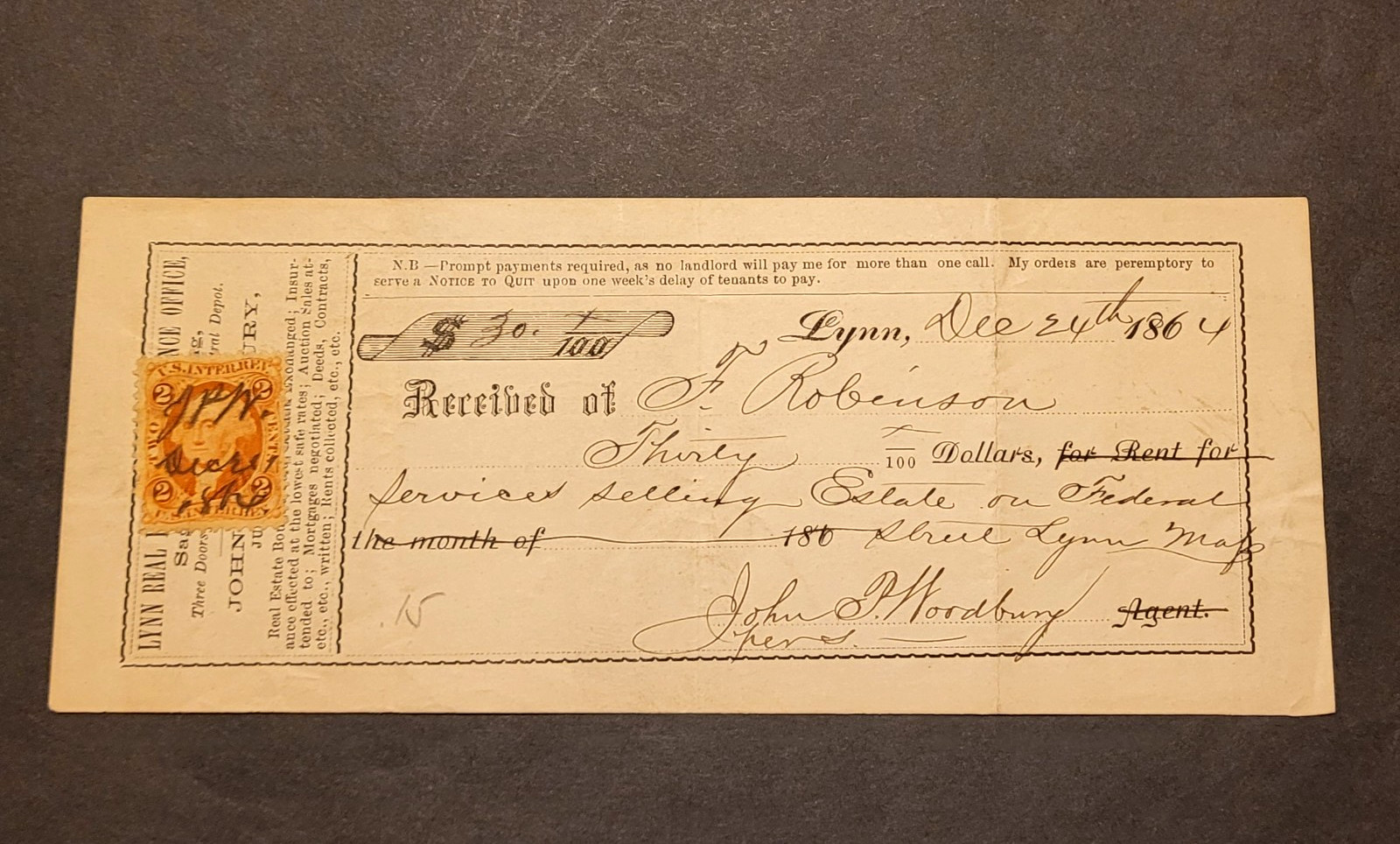 Lynn, Mass real estate rent receipt from 1864 w/ TAX stamp Lynn, Mass real estate rent receipt from 1864 w/ TAX stamp