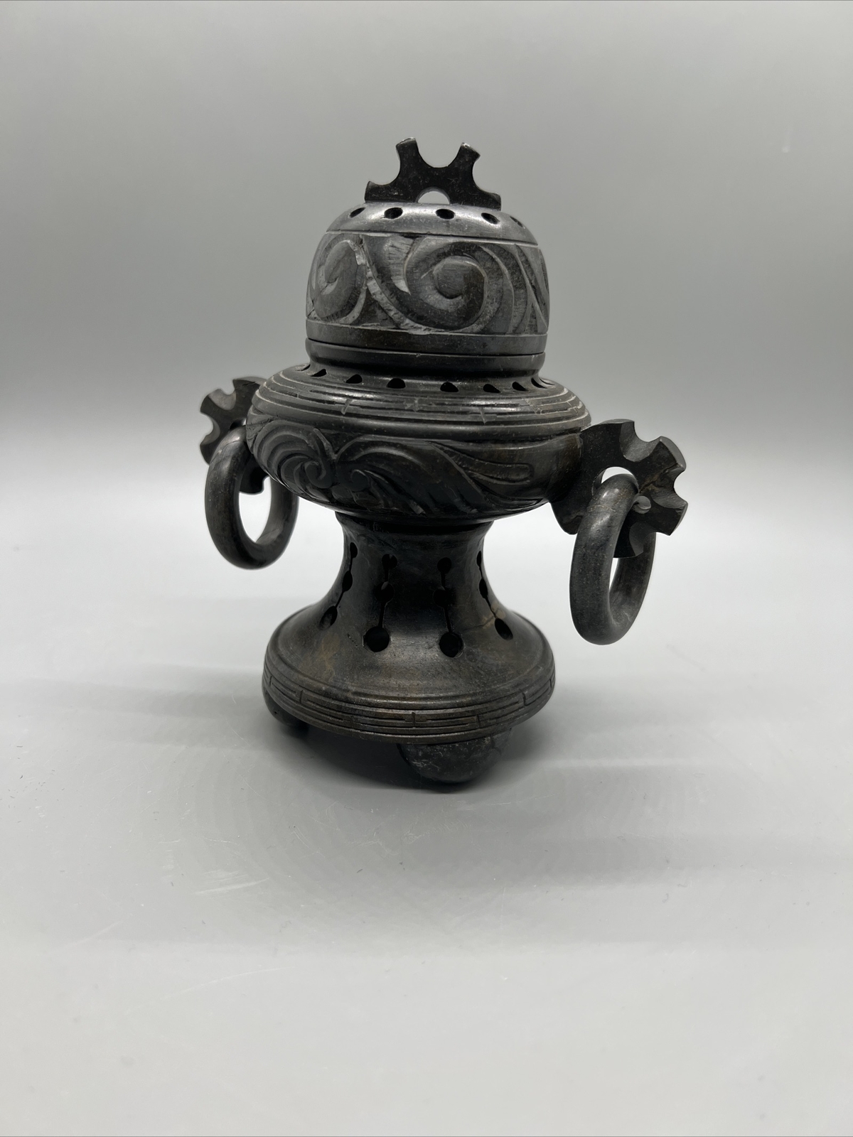 Stone SOAPSTONE CENSER Burner Incense Carved Buddhism Hand asian 5.5x5 lid Vtg