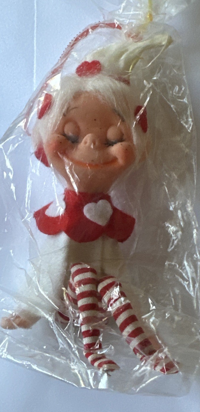 Vtg Rare Vtg Valentine RED & WHITE PIXIE/Imp White Hair Striped Legs Ornament Vtg Rare Vtg Valentine RED & WHITE PIXIE/Imp White Hair Striped Legs Ornament