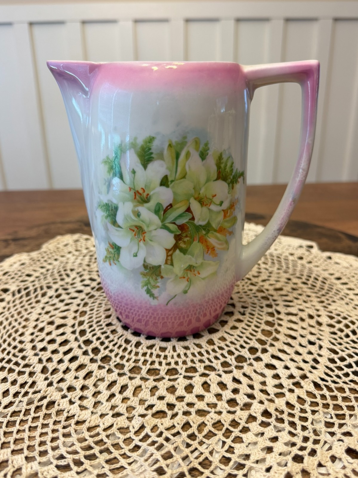 Vintage 1920s-30s Pitcher Made in Bavaria, pink trim, Lily