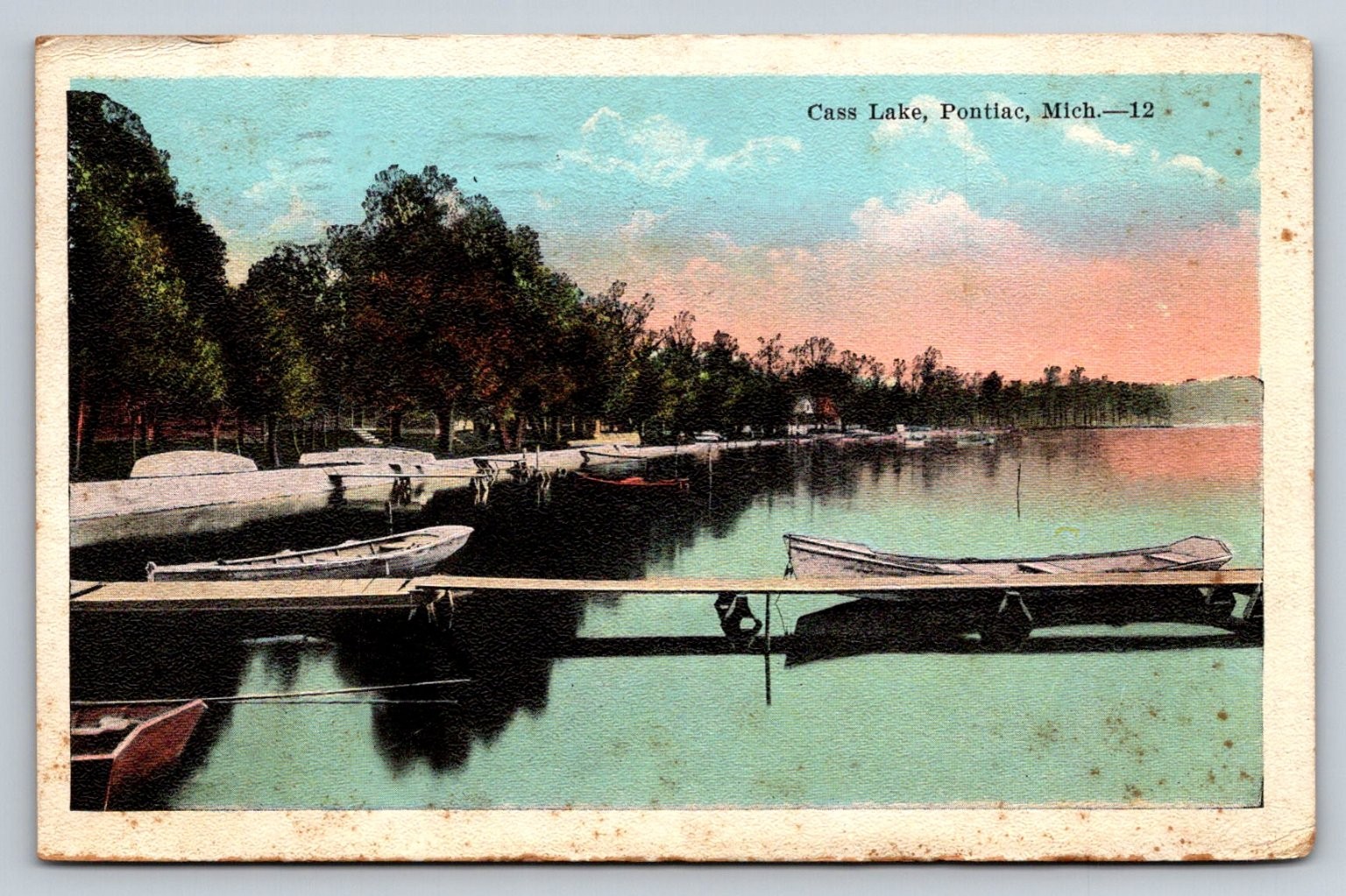 1921 Cass Lake Pontiac Michigan Vintage Postcard Boats Docks Trees