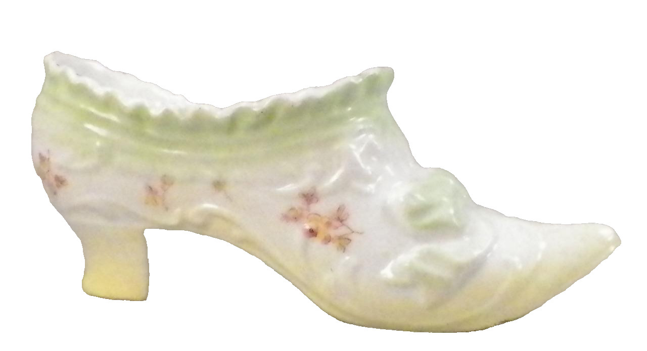 Ladies Slipper Shoe Figurine Whiteware Porcelain Green Yellow Flowers Vintage