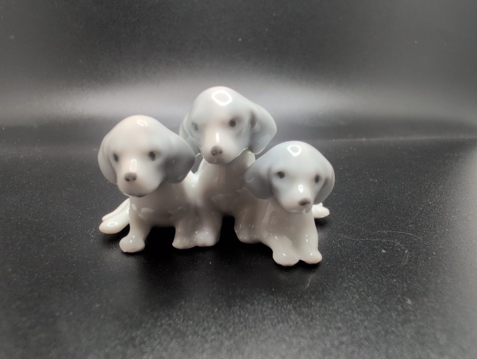 Vintage Porcelain Dog Trio Figurine Miniature White Gray Puppies Japan Stamped