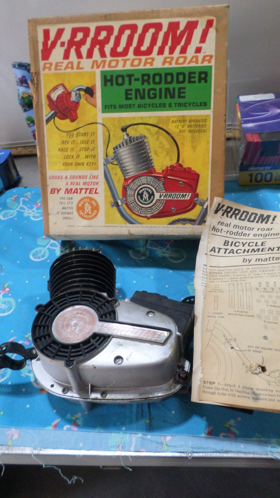 Mattel V-RROOM Hot-Rodder Engine Real Motor Roar Bicycle Acc w/ Orig Box & Manu