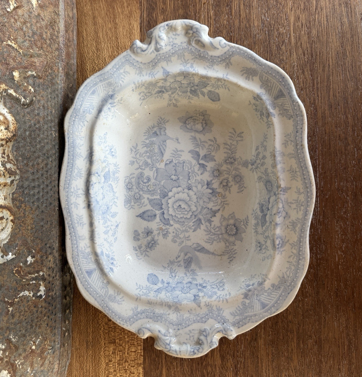 Antique Blue White Transferware Footed Serving Dish, Staffordshire Style, 1800's