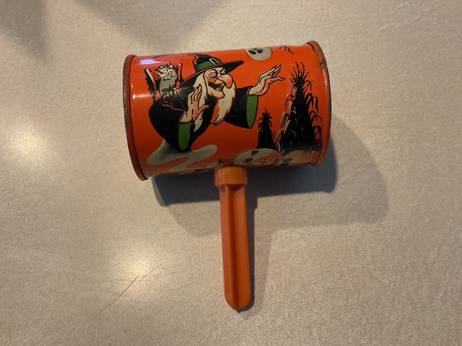 Vintage 1950s US Metal Toy Halloween Tin Litho Barrel Noisemaker