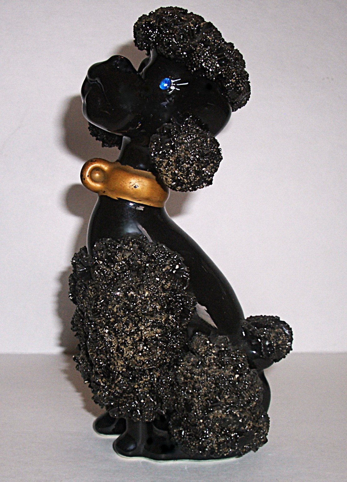 Vtg 1950s Large Black Spaghetti Poodle Blue Rhinestone Eyes Gold Collar Sitting