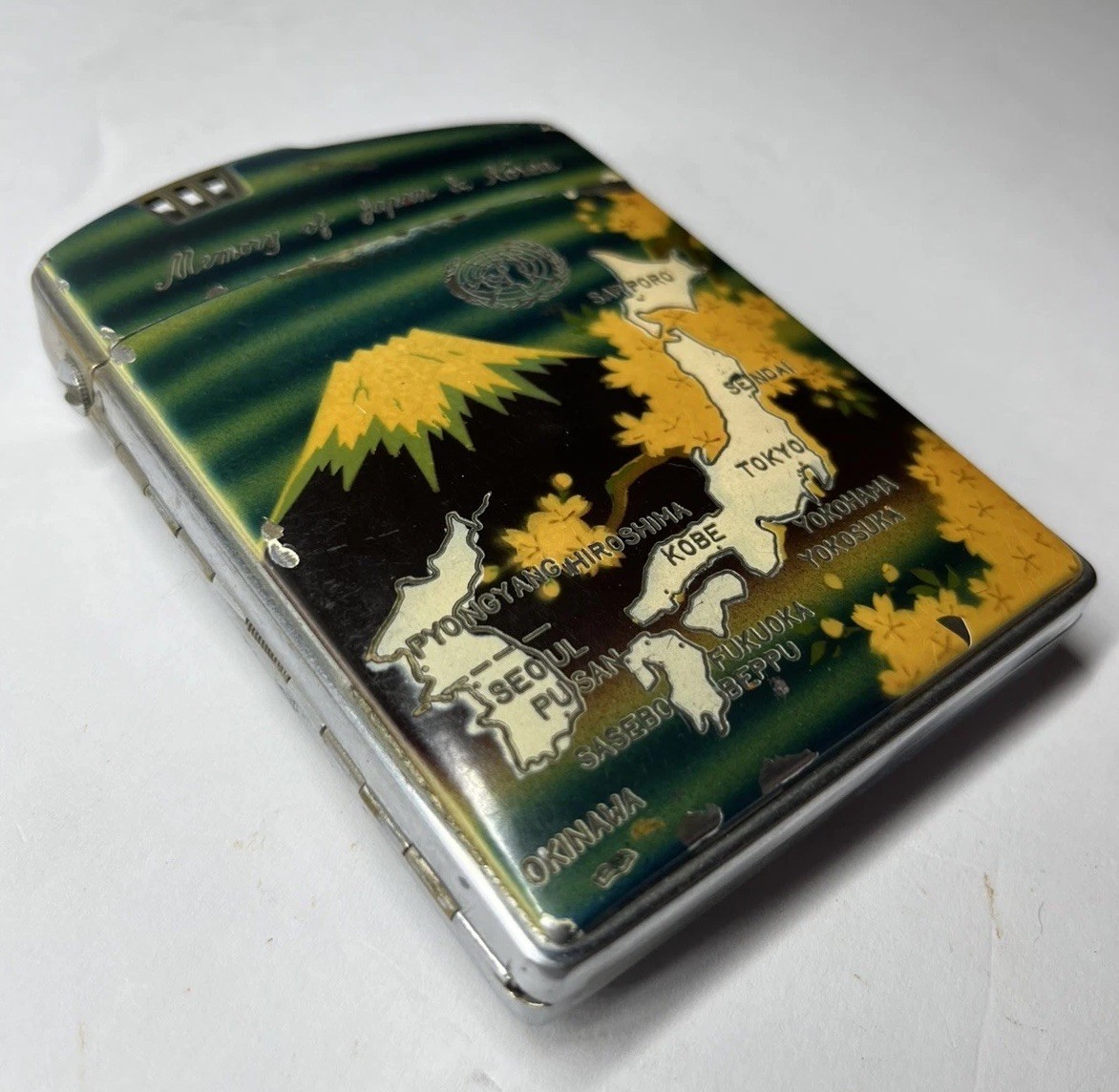 Vtg 1950s Korean War Cigarette Case Lighter Combo Japan Korea Map UN - SPARKS