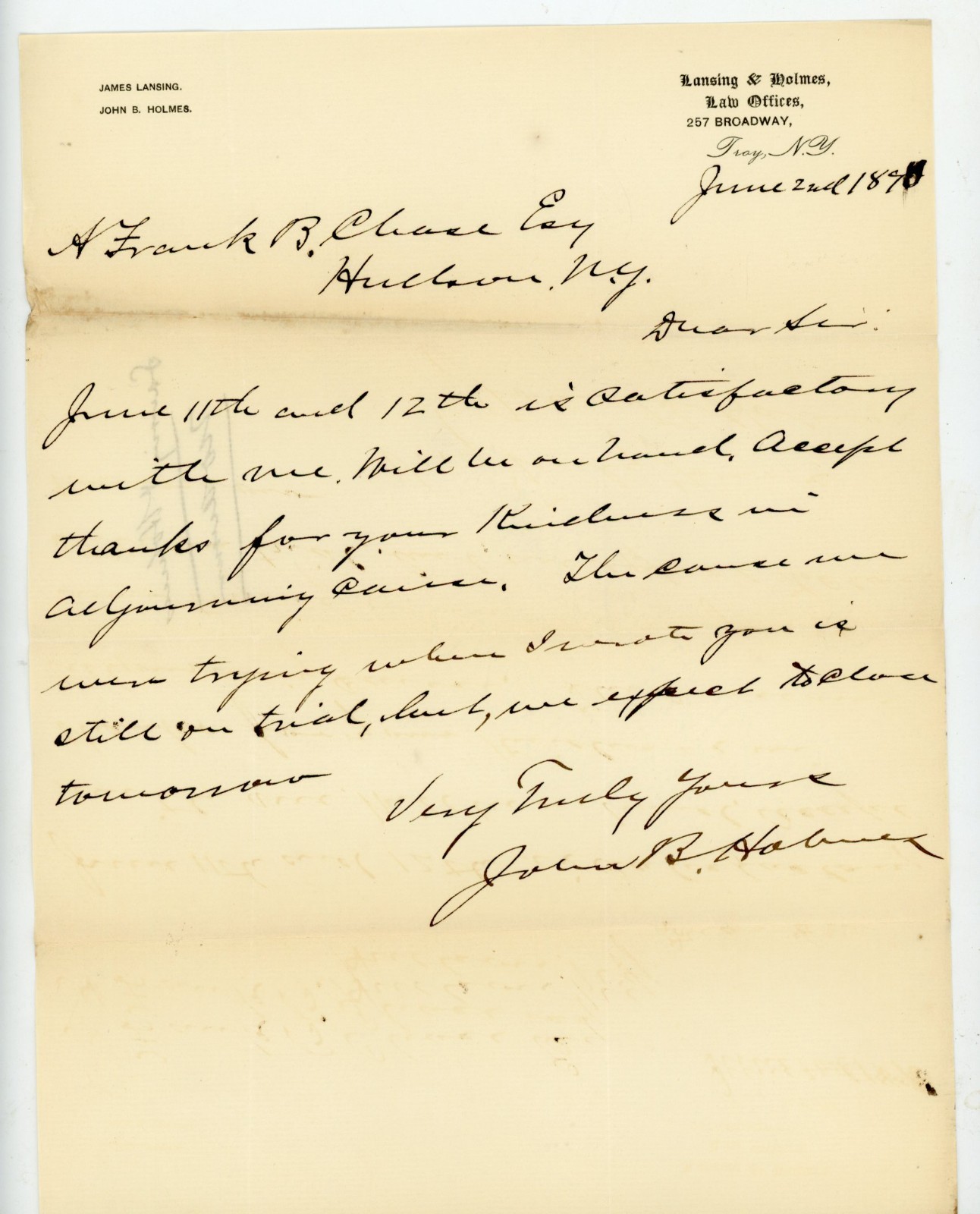 1898 Troy NY Law Office Letter Lansing & Holmes James ALS Hudson New York Signed