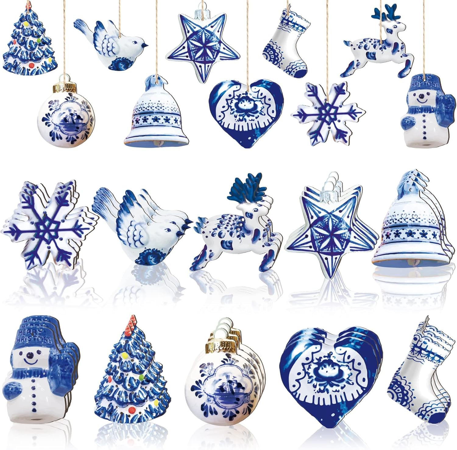 40 Pieces Christmas Chinoiserie Ornaments Blue and White Porcelain Christmas Woo 40 Pieces Christmas Chinoiserie Ornaments Blue and White Porcelain Christmas Woo
