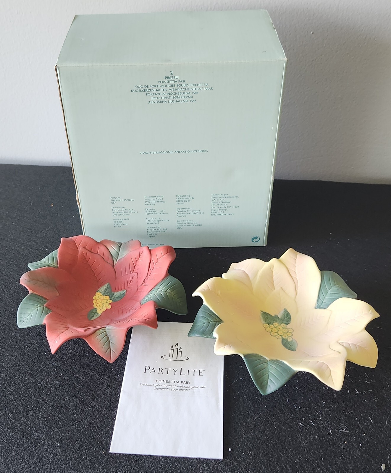 Partylite Poinsettia Pair Candle Holders/Candy Dishes P8627U Perfect Condition