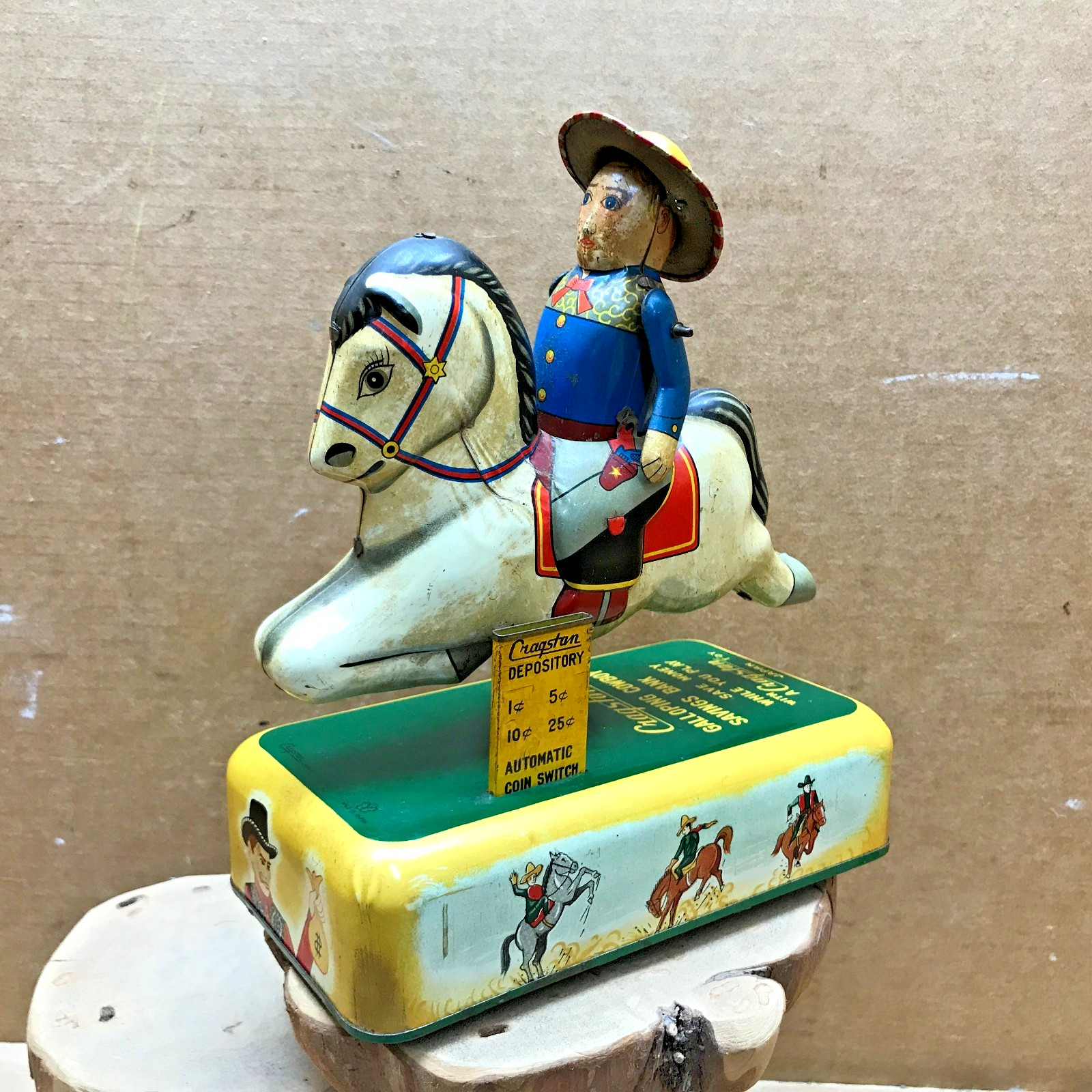 VINTAGE 1950'S GALLOPING COWBOY SAVINGS BANK BATTERY OPERATED TIN TOY JAPAN RARE VINTAGE 1950'S GALLOPING COWBOY SAVINGS BANK BATTERY OPERATED TIN TOY JAPAN RARE