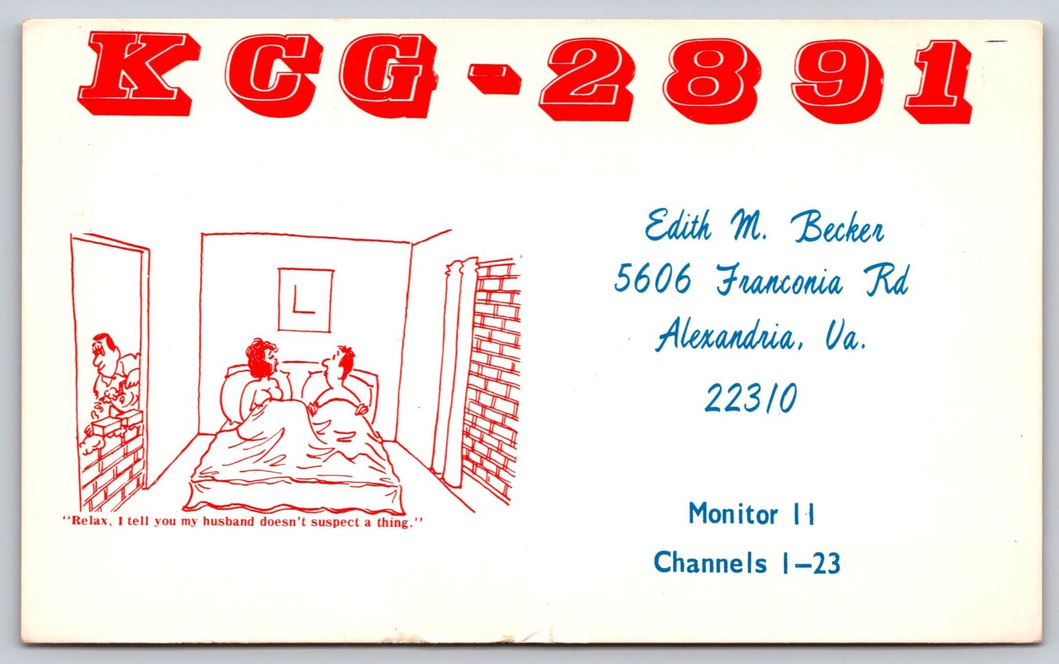 Vintage KCG-2891 CB Radio QSL Card Risque Cartoon Humor Unposted F394