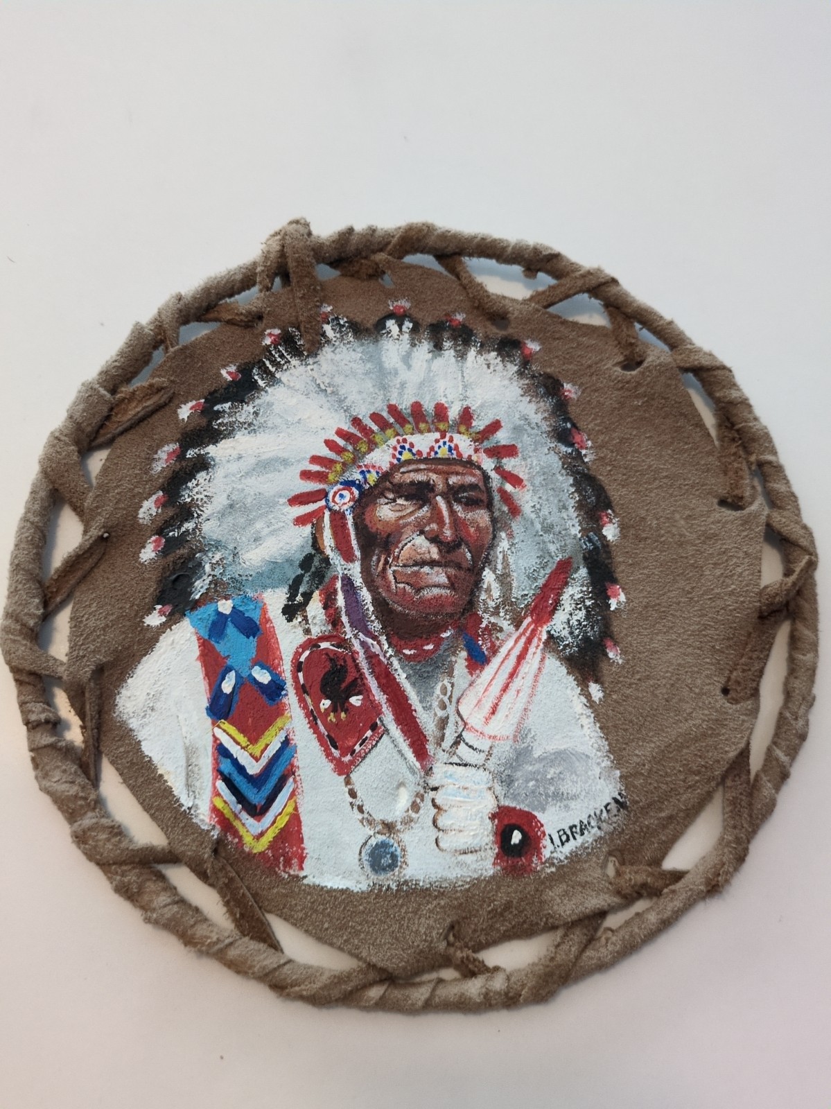 Vtg Irma Bracken Painted Hide Wall Art Chief Red Heart Cherokee Signed Round