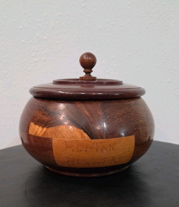 Vintage 1970s Roatan Honduras Segmented Wood Lidded Sugar Bowl Trinket Jar Pot