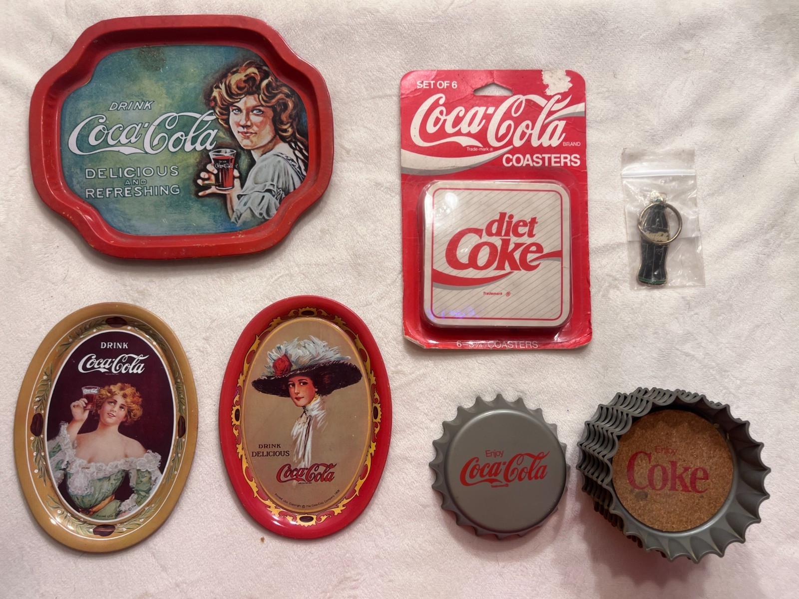 Vintage Coca-Cola Collectibles Lot Trays Coasters Bottle Caps Diet Coke Keychain