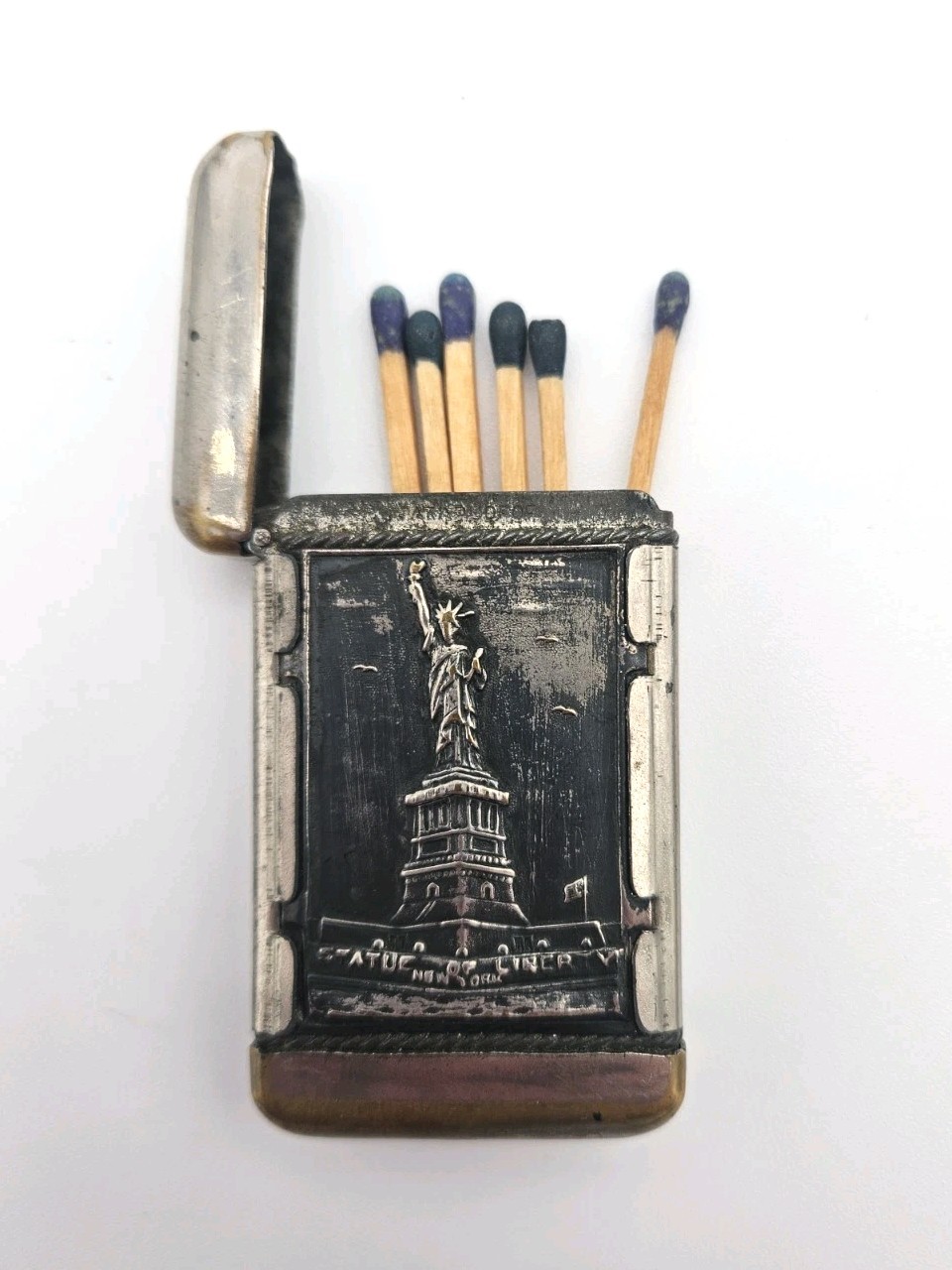 Antique Vesta MATCHSAFE Match Case Statue Of Liberty Brooklyn Bridge New York 