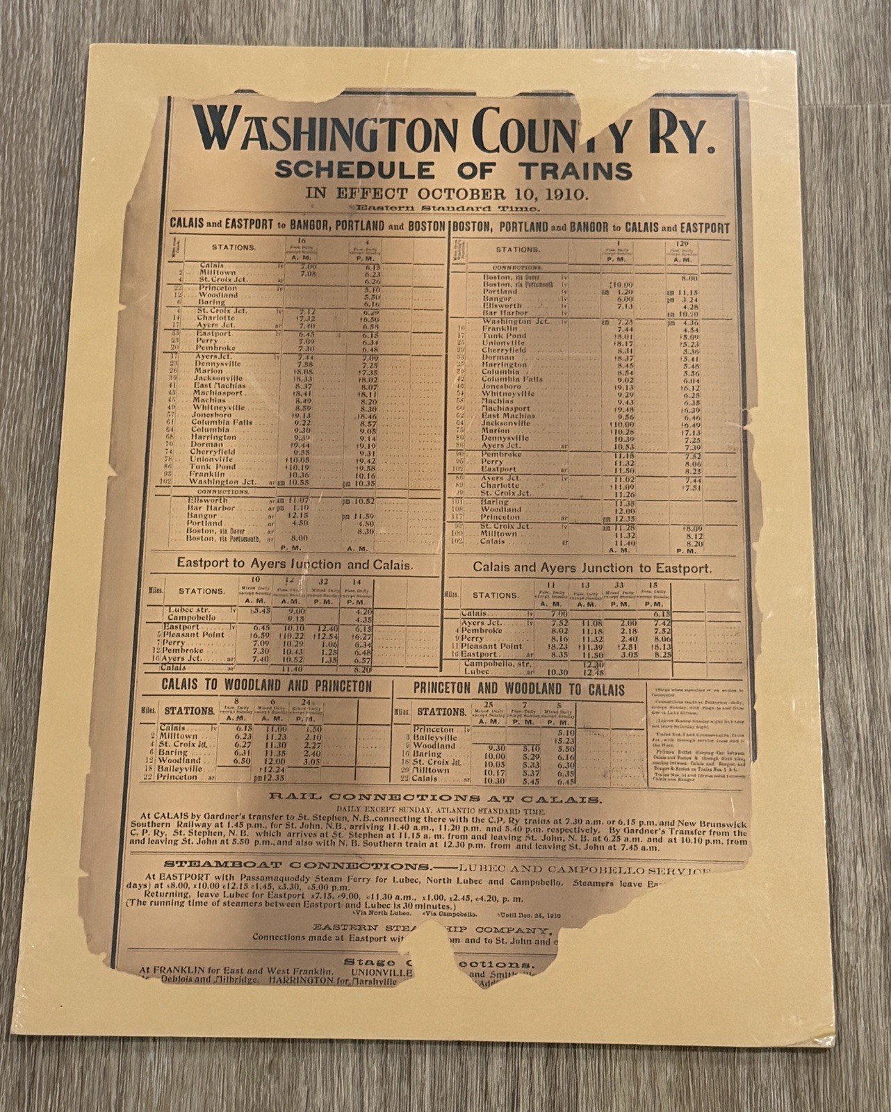 1910 Washington County Railway Train Schedule Poster Antique Timetable