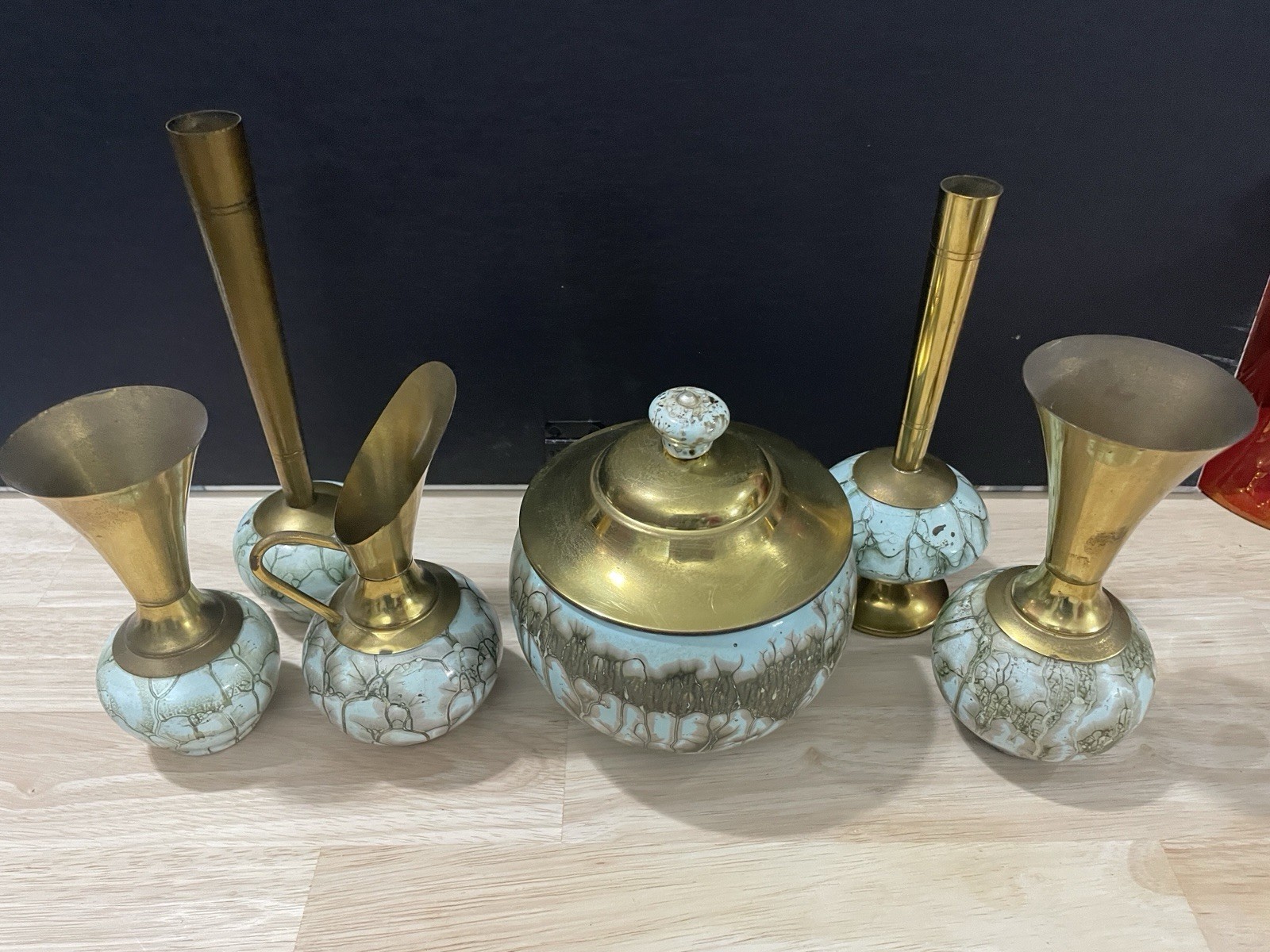 Vintage Delft Holland Hand Painted Turquoise Brass 6 Piece Decorative Set