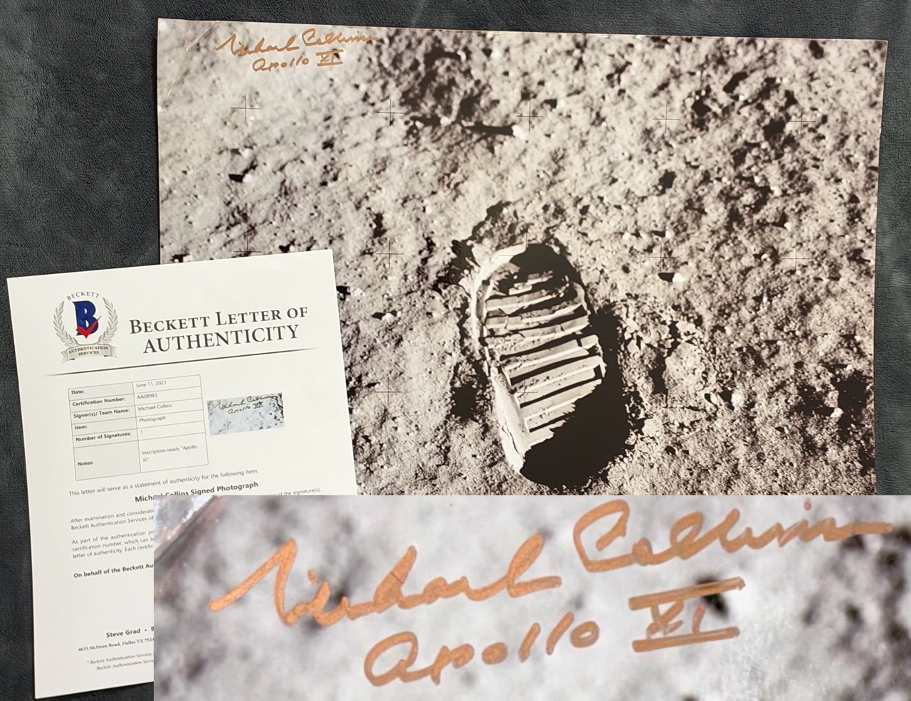 Signed Michael Collins 16x20 Footprint Photo w/Apollo XI 11 inscription Auto BAS