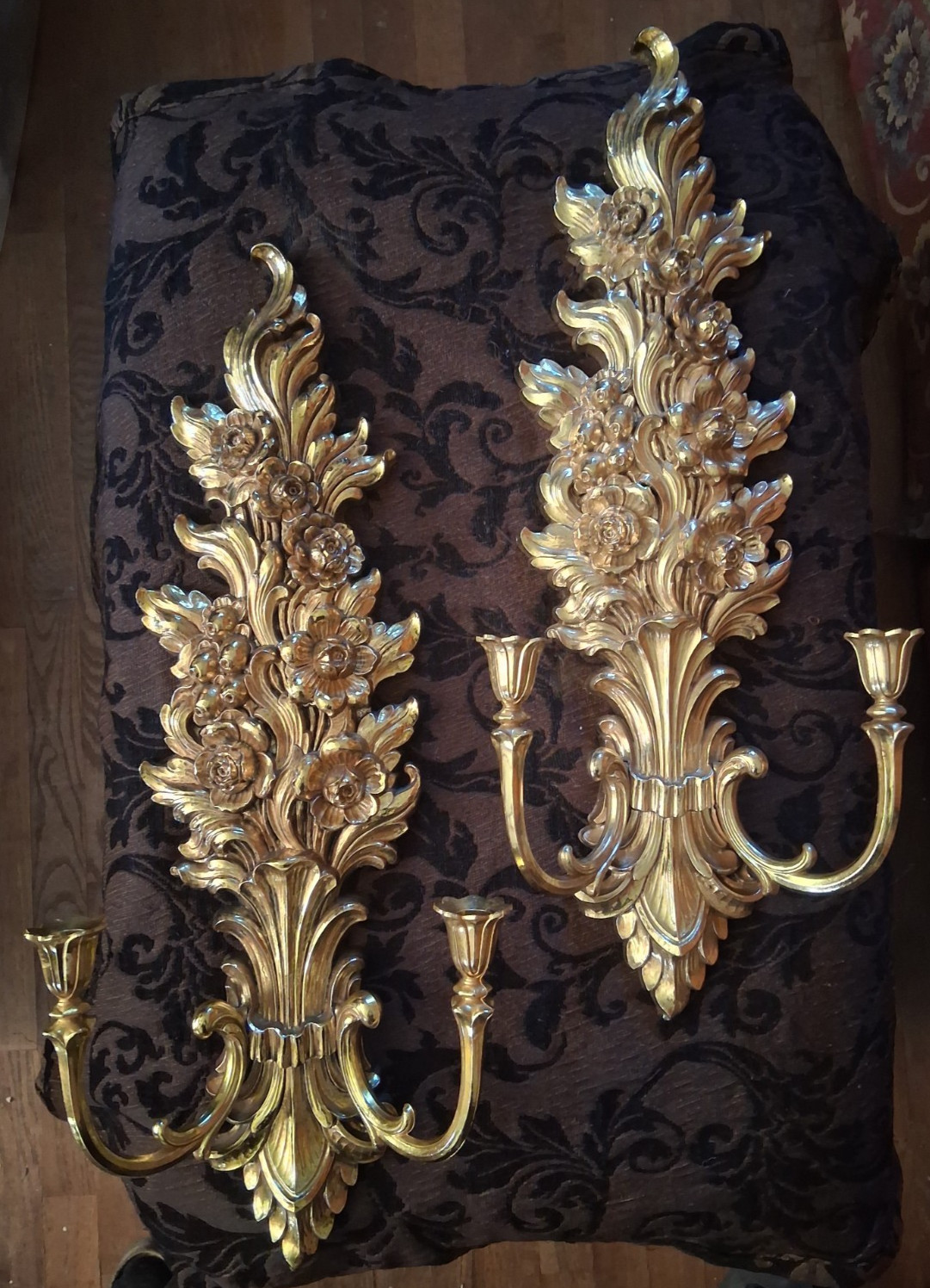 Vintage 1972 Pair Syroco Gold Floral Double Candle Wall Sconce Hollywood Regency
