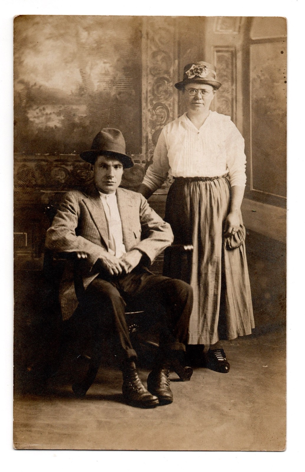 Edwardian Studio Portrait Man & Woman Standing Real Photo Postcard RPPC Unposted Edwardian Studio Portrait Man & Woman Standing Real Photo Postcard RPPC Unposted