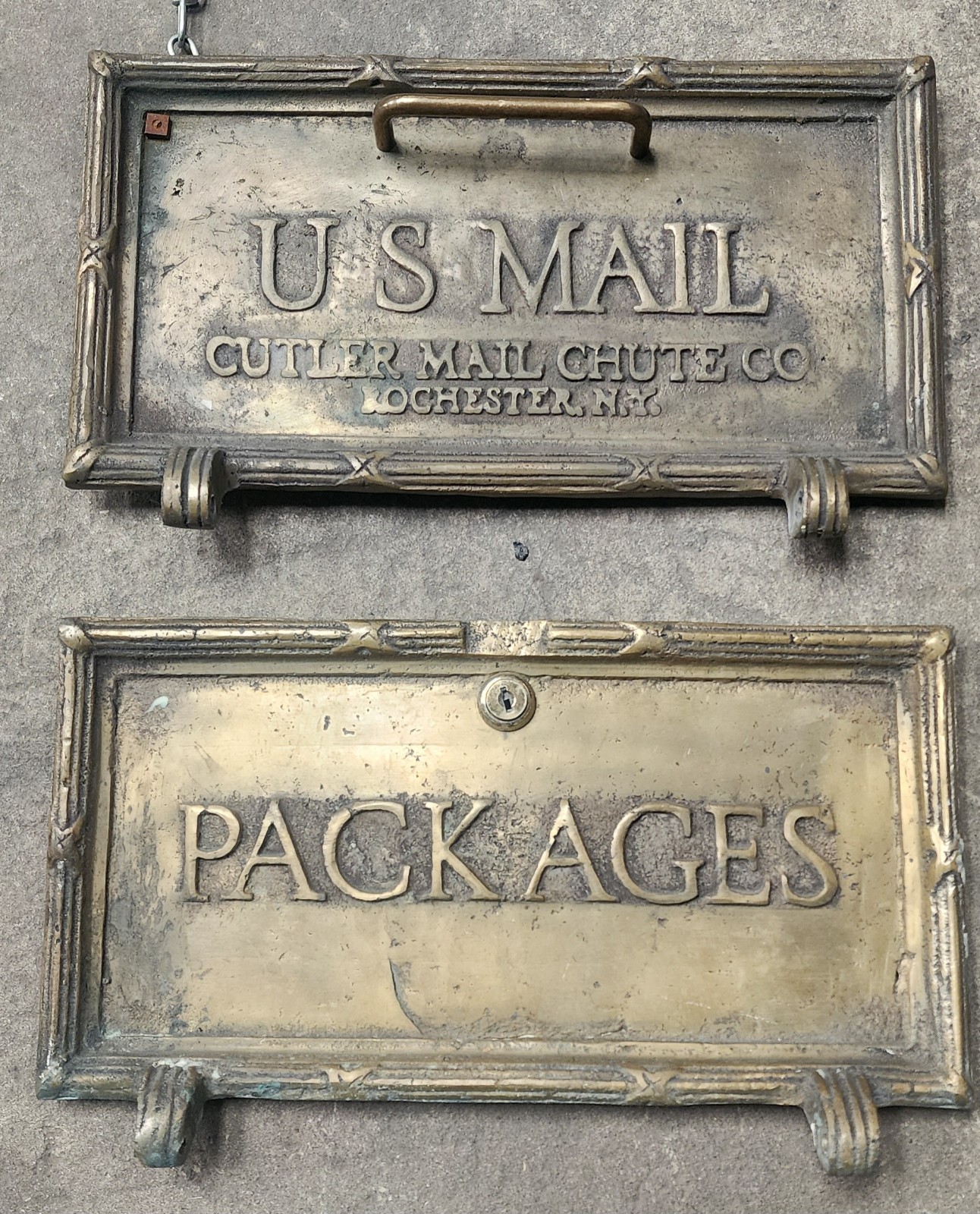 Antique Heavy Cast Brass Cutler Mail Chute Co. Collection Doors Pair US Mail Antique Heavy Cast Brass Cutler Mail Chute Co. Collection Doors Pair US Mail