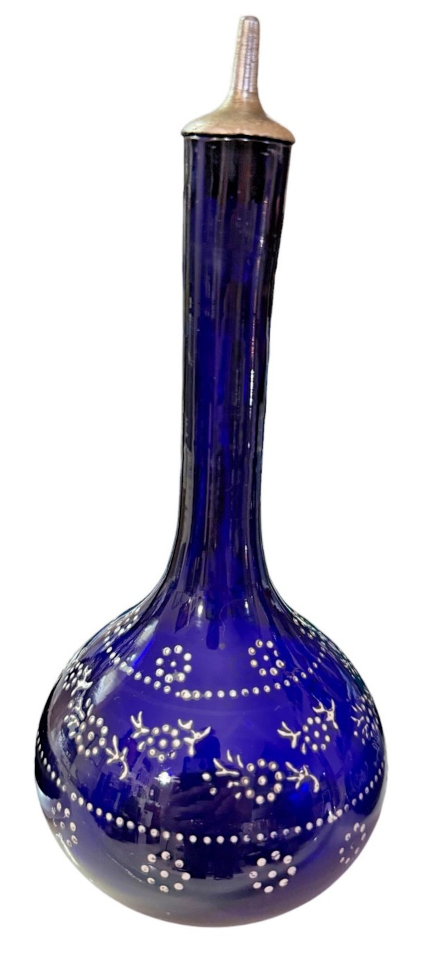 ANTIQUE COBALT BLUE GLASS BARBER BOTTLE WITH ENAMEL DECORATION ANTIQUE COBALT BLUE GLASS BARBER BOTTLE WITH ENAMEL DECORATION