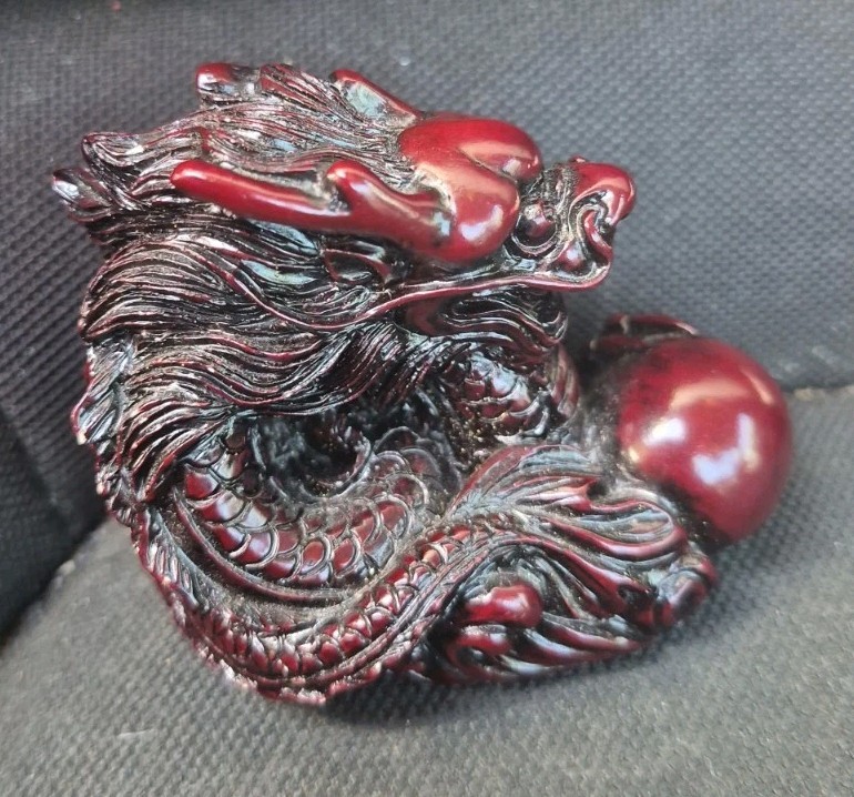 Vintage Chinese Dragon Clutching Pearl Deep Red Resin Asian Art 3\ Vintage Chinese Dragon Clutching Pearl Deep Red Resin Asian Art 3\