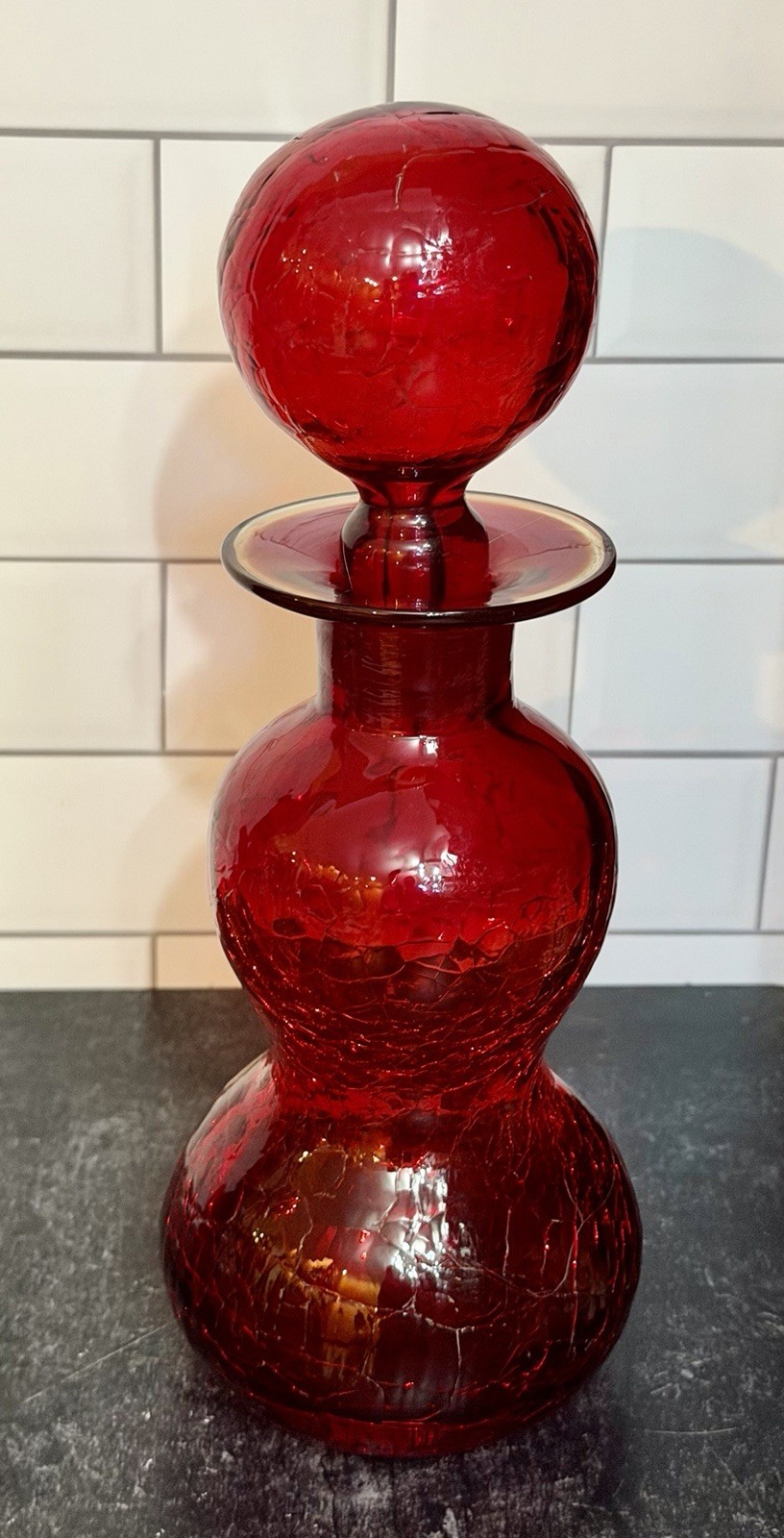 Mid Century Modern Crackle Glass Decanter Cherry Red - VGC Mid Century Modern Crackle Glass Decanter Cherry Red - VGC