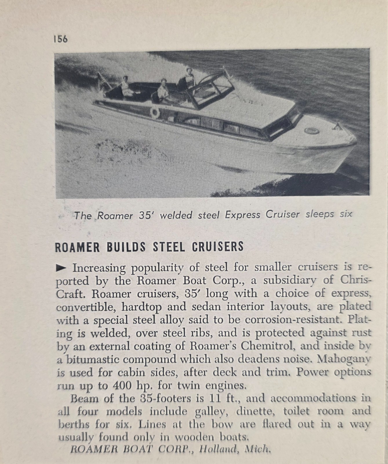 1956 Print Ad Roamer 35\' Welded Steel Express Cruiser Boats Holland,Michigan