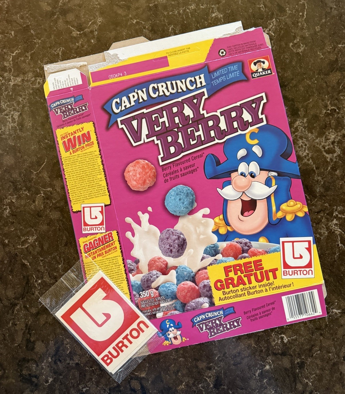 Vtg 2003 Cap\'n Crunch VERY BERRY Cereal Box w/ Burton Snowboards Sticker RARE