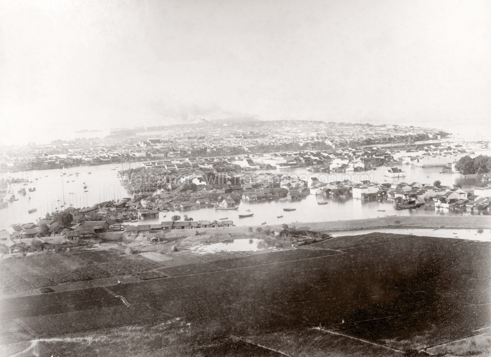 China Hankow Hankou Native City Yangtze River Port Aerial Vtg. Photo 19thC.
