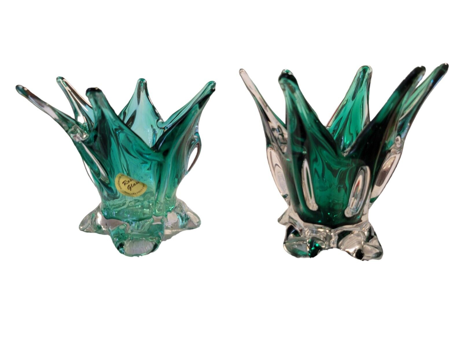 (2) Green Rossi Art Glass 6 Finger Vases 4.5\