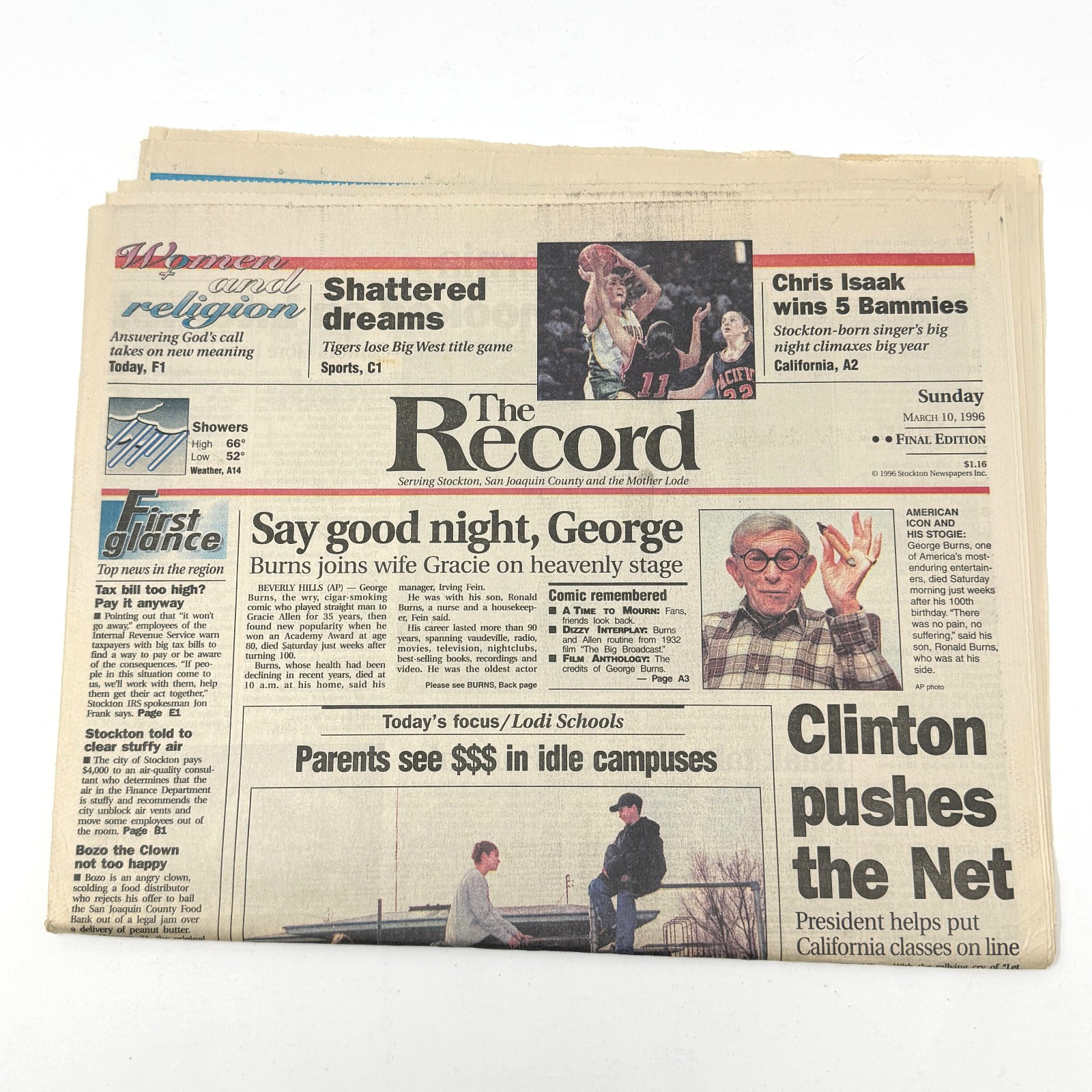 George Burns Death Newspaper 1996 The Record Stockton CA March 10 Final Edition