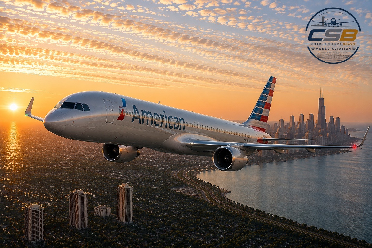 Large 24x36 American Airlines B 757 On Departure Chicago City Skyline Print