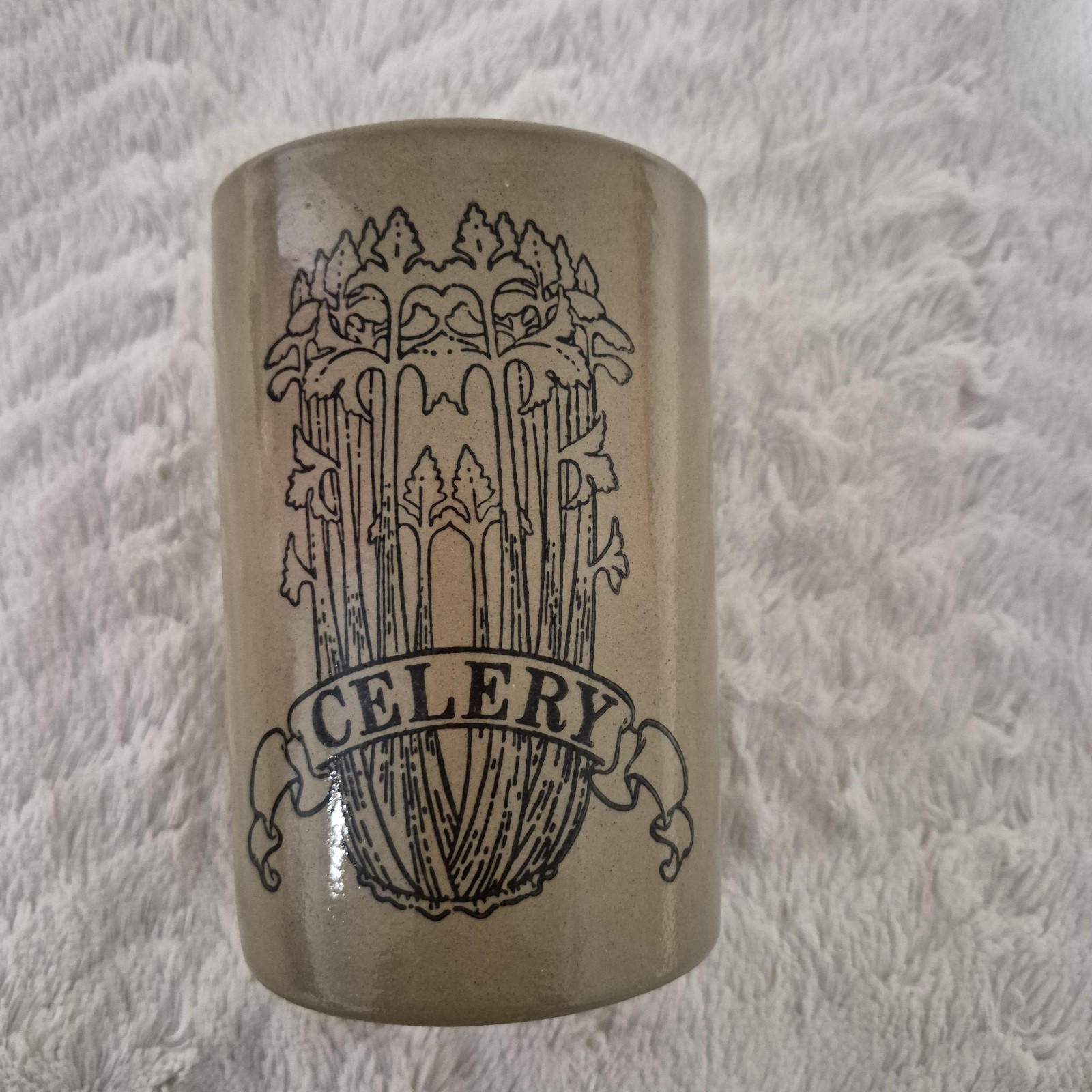 Vintage 1985 Ceramic Celery Crock Beige & Black Painted Decorated Vintage 1985 Ceramic Celery Crock Beige & Black Painted Decorated