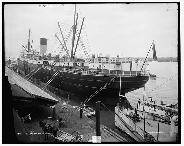 Photo:Liverpool England 1900s Cargo Ship Loading Cotton for Export Docks