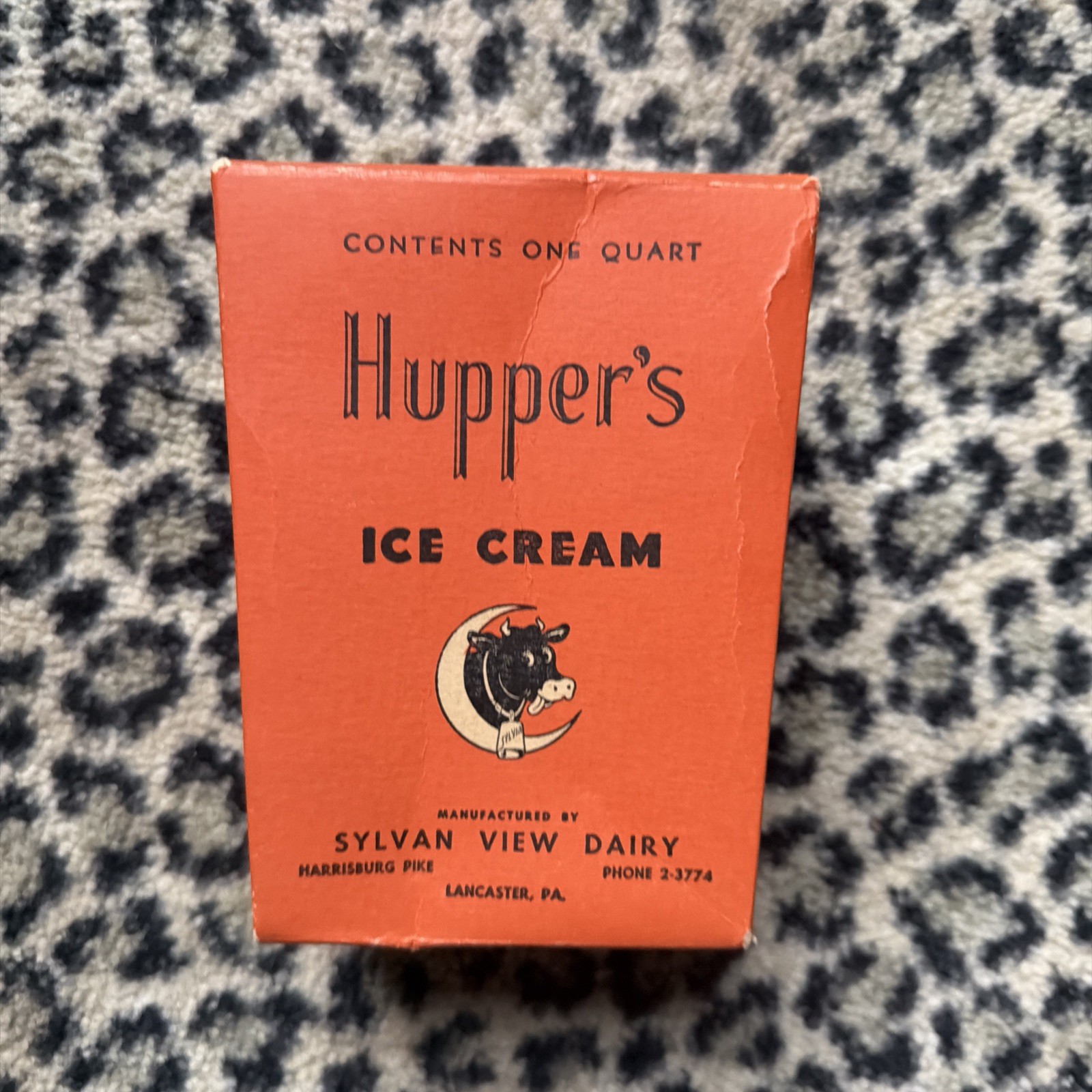 VTG 1940s Qt Orange Empty Hupper’s Ice Cream Box Container Lancaster PA Sylvan