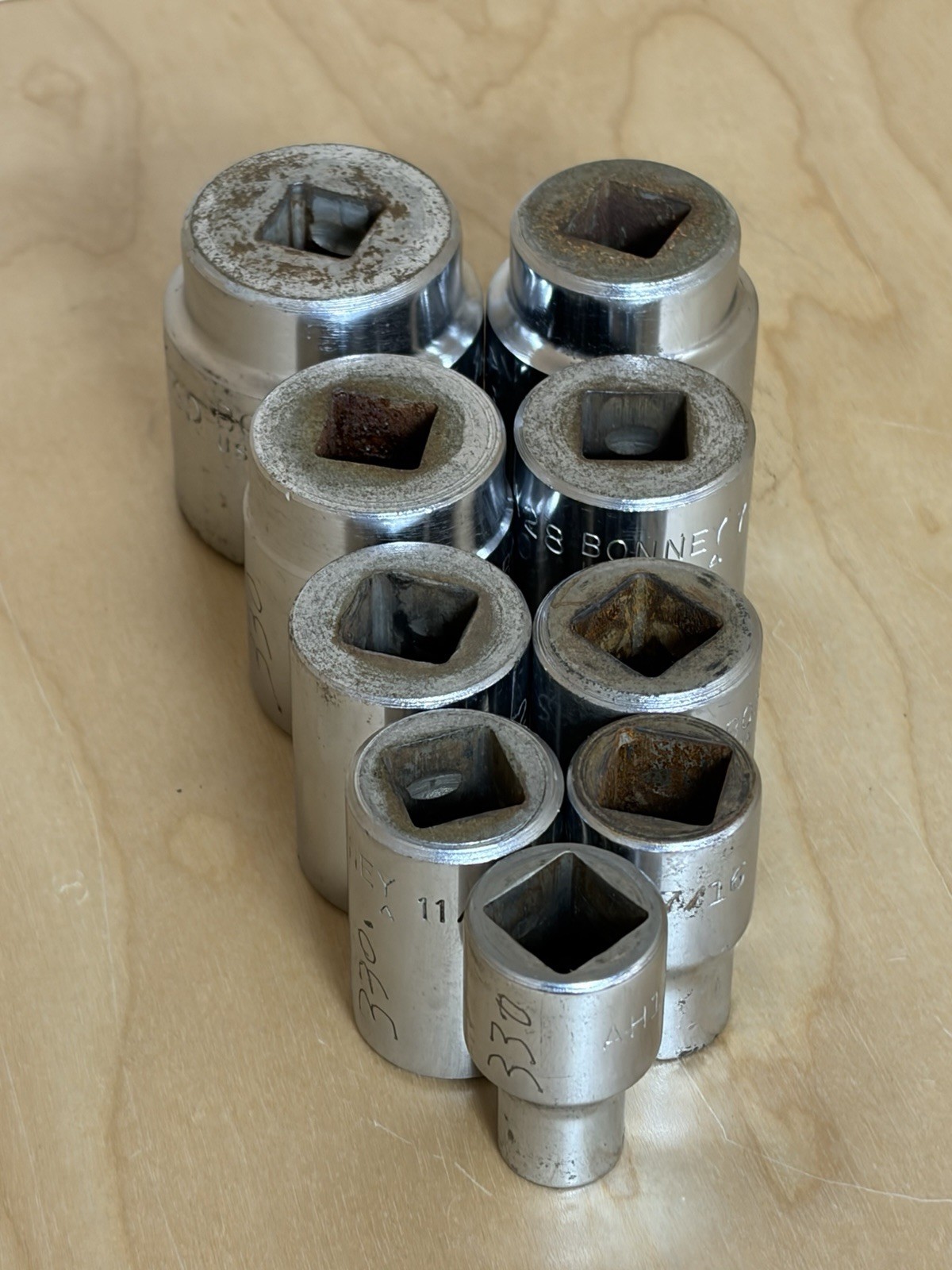 Bonney USA Socket Lot 9pc A40, 34, 32, 28, 26, AH22, 12, 24 ,14 All 1/2” Drive Bonney USA Socket Lot 9pc A40, 34, 32, 28, 26, AH22, 12, 24 ,14 All 1/2” Drive