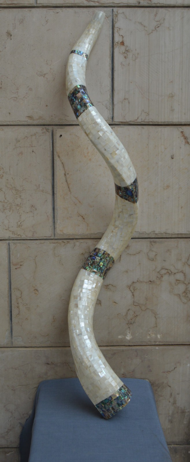X Large Handcrafted Natural Ram's Horn Shofar with Mother of Pearl Inlay Judaica