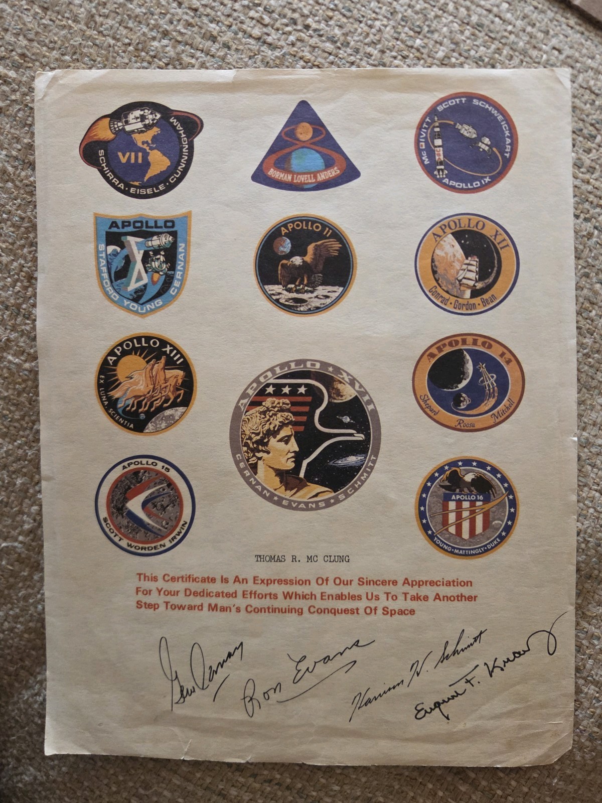 GENE KRANZ signed APOLLO ERA Employee Appreciation Certificate 