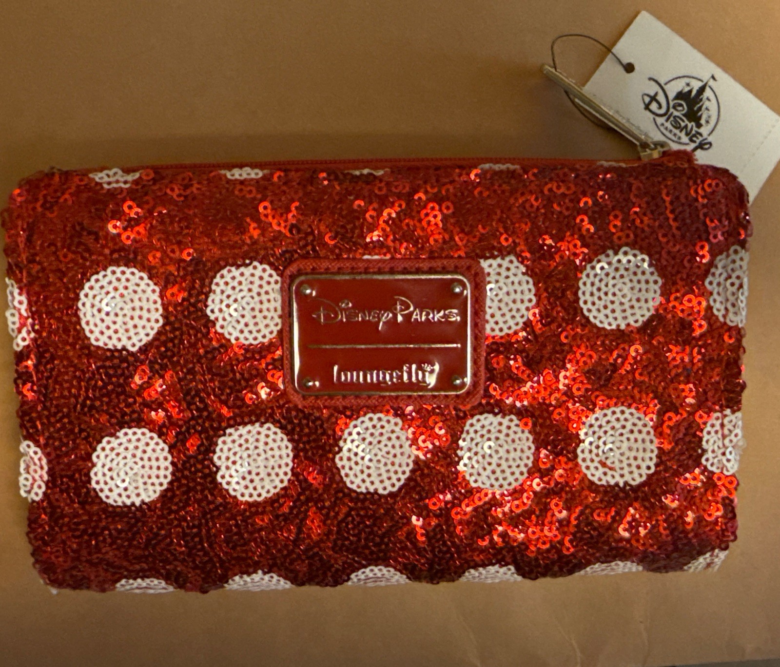 Disney Loungefly Wallet Minnie Mouse Bow Sequin Red White Polka Dots NEW