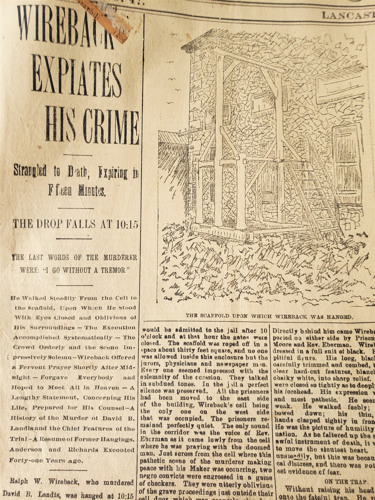 1899 antique NEWSPAPER lancaster pa GALLOW EXECUTION murder WIREBACK Landis