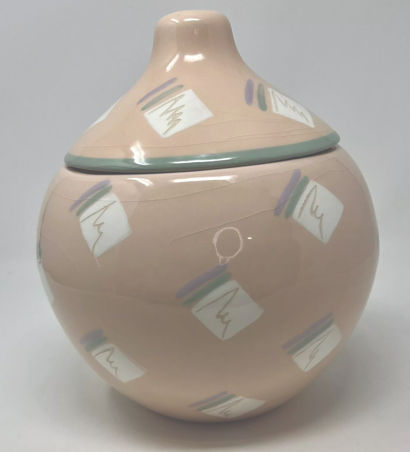 Vintage Vohann of California 10” pastel ceramic 1980s hand painted Lidded Jar