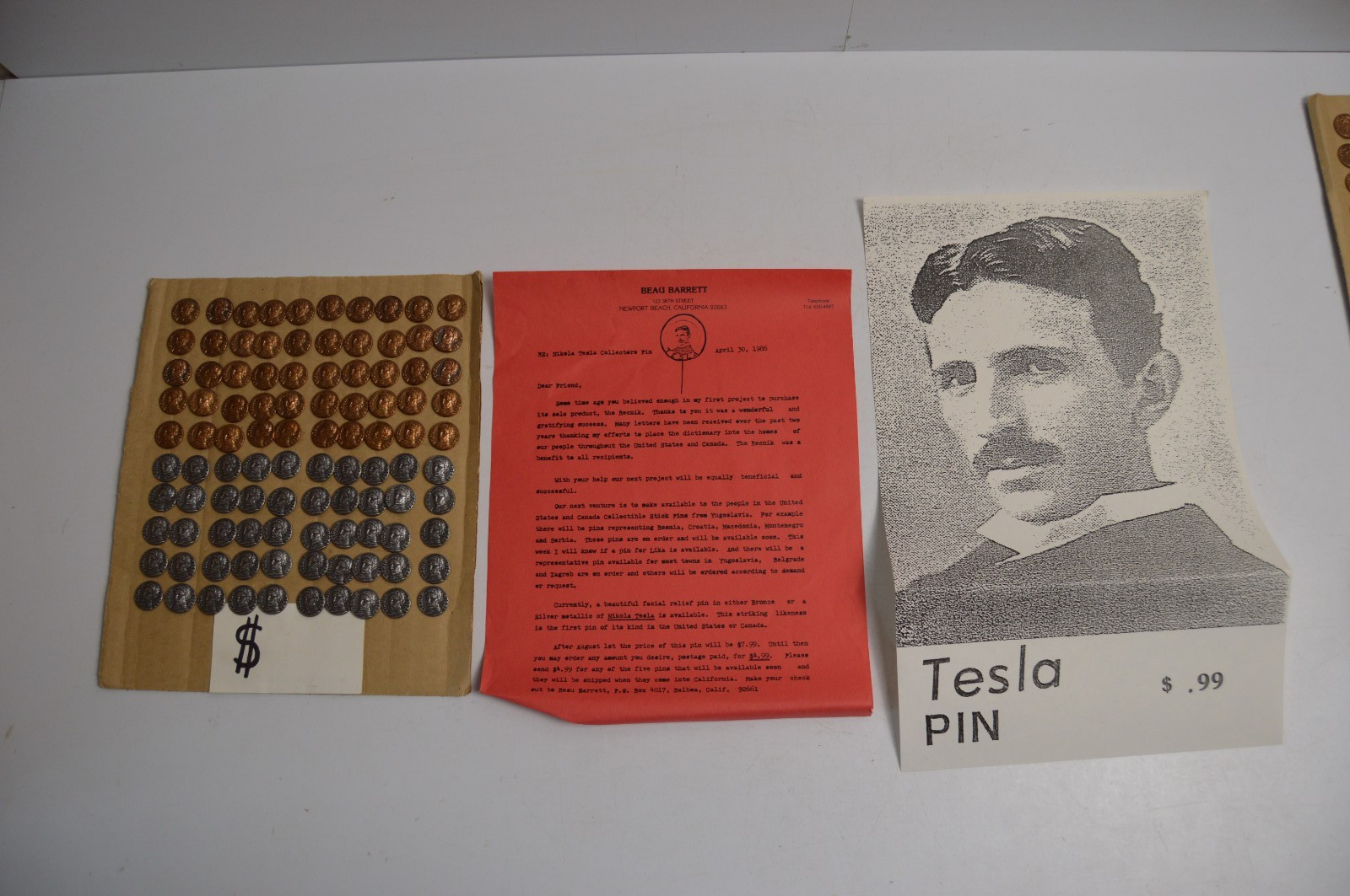 Vintage Nikola Tesla Collectors Pin Display Resale Letter & Picture 100 PCS Vintage Nikola Tesla Collectors Pin Display Resale Letter & Picture 100 PCS