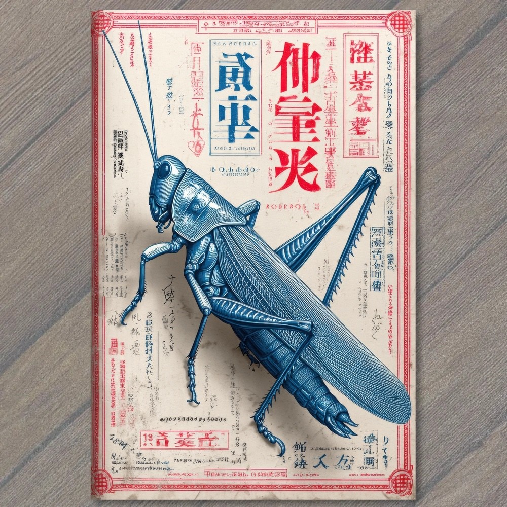 POSTCARD Large Grasshopper Locust Insect Bug Entomology Japanese Kanji Red Blue POSTCARD Large Grasshopper Locust Insect Bug Entomology Japanese Kanji Red Blue