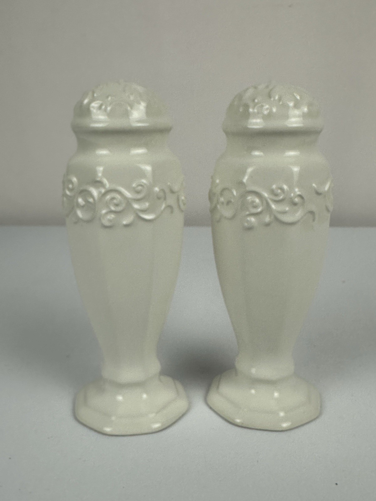 JCPenney Home White Embossed Ceramic Salt Pepper Set Farmhouse Scroll JCPenney Home White Embossed Ceramic Salt Pepper Set Farmhouse Scroll
